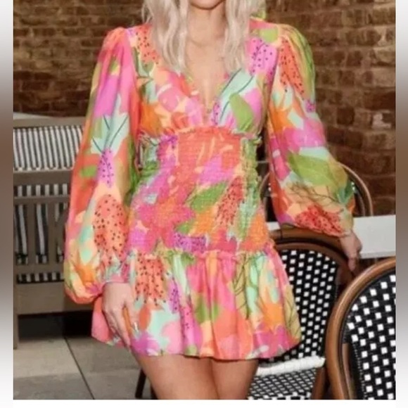 Farm Rio Sweet Forest Long Sleeve Mini Dress Orange Pink Size M NEW - Picture 2 of 12